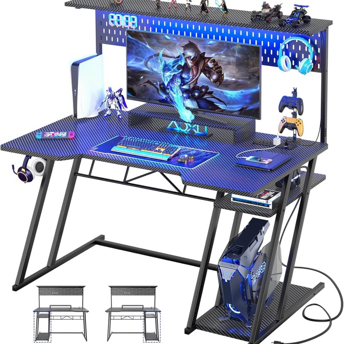 Gaming Computer Desk with Hutch, Power Outlets and LED Lights, 47.25"W x 22.84"D x 54.33"H