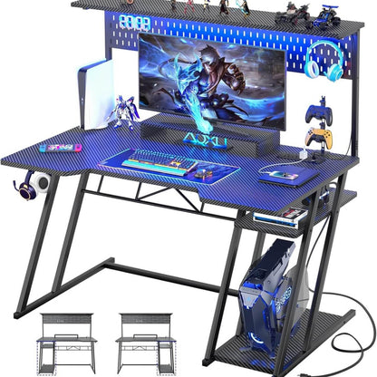 Gaming Computer Desk with Hutch, Power Outlets and LED Lights, 47.25"W x 22.84"D x 54.33"H