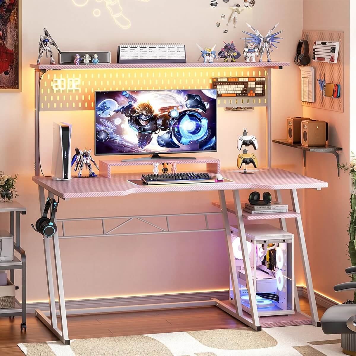 Gaming Computer Desk with Hutch, Power Outlets and LED Lights, 47.25"W x 22.84"D x 54.33"H