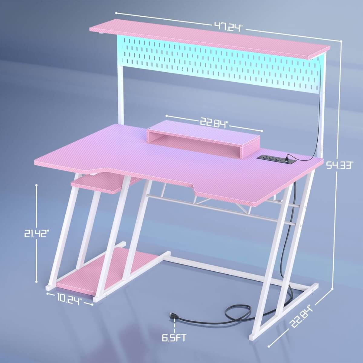Gaming Computer Desk with Hutch, Power Outlets and LED Lights, 47.25"W x 22.84"D x 54.33"H