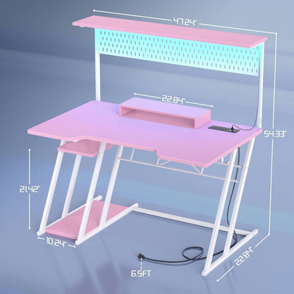 Gaming Computer Desk with Hutch, Power Outlets and LED Lights, 47.25"W x 22.84"D x 54.33"H