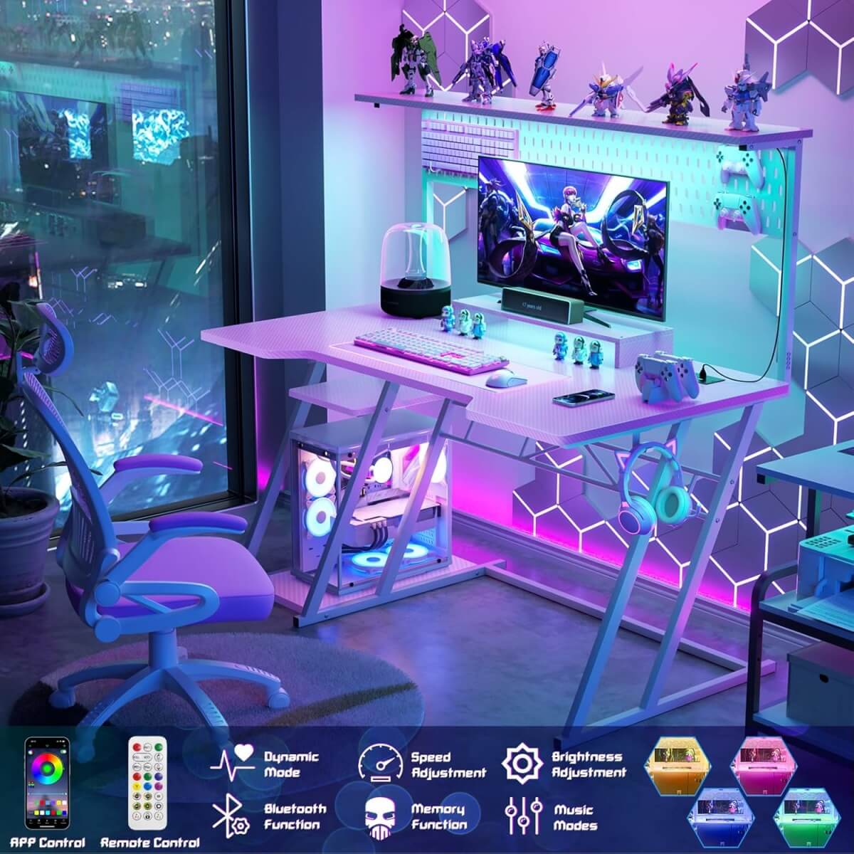 Gaming Computer Desk with Hutch, Power Outlets and LED Lights, 47.25"W x 22.84"D x 54.33"H