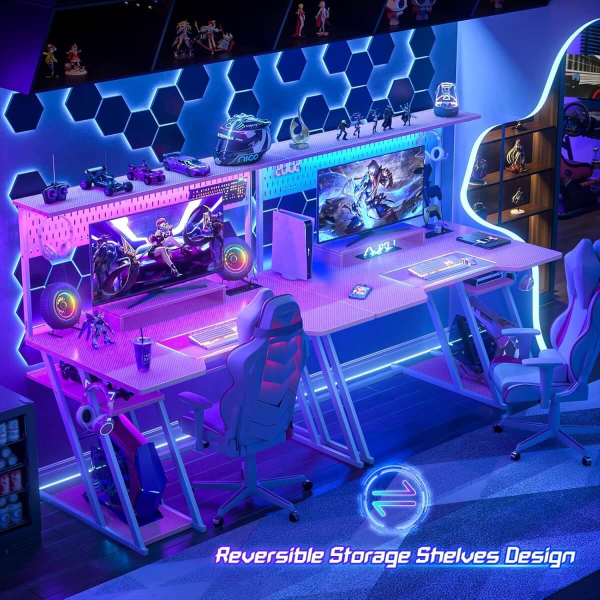 Gaming Computer Desk with Hutch, Power Outlets and LED Lights, 47.25"W x 22.84"D x 54.33"H