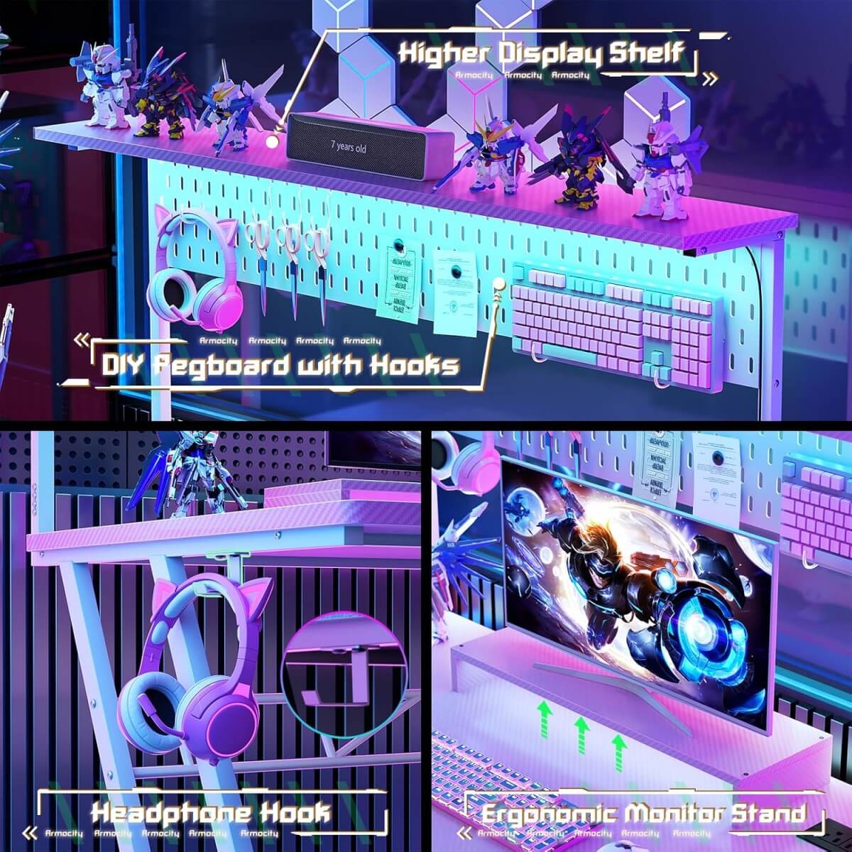 Gaming Computer Desk with Hutch, Power Outlets and LED Lights, 47.25"W x 22.84"D x 54.33"H