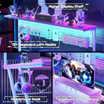 Gaming Computer Desk with Hutch, Power Outlets and LED Lights, 47.25"W x 22.84"D x 54.33"H