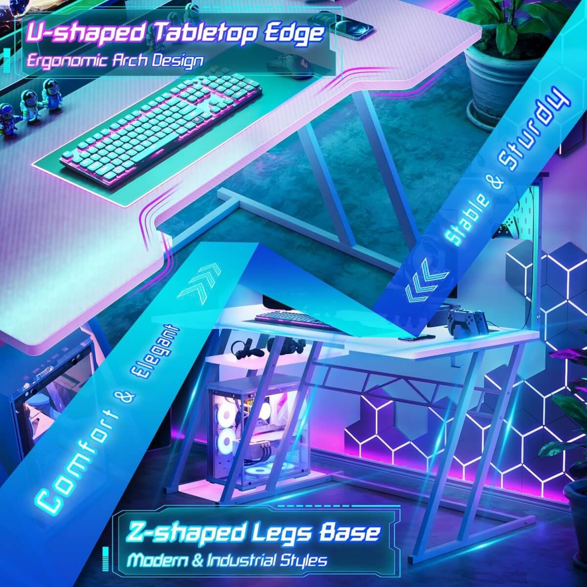 Gaming Computer Desk with Hutch, Power Outlets and LED Lights, 47.25"W x 22.84"D x 54.33"H