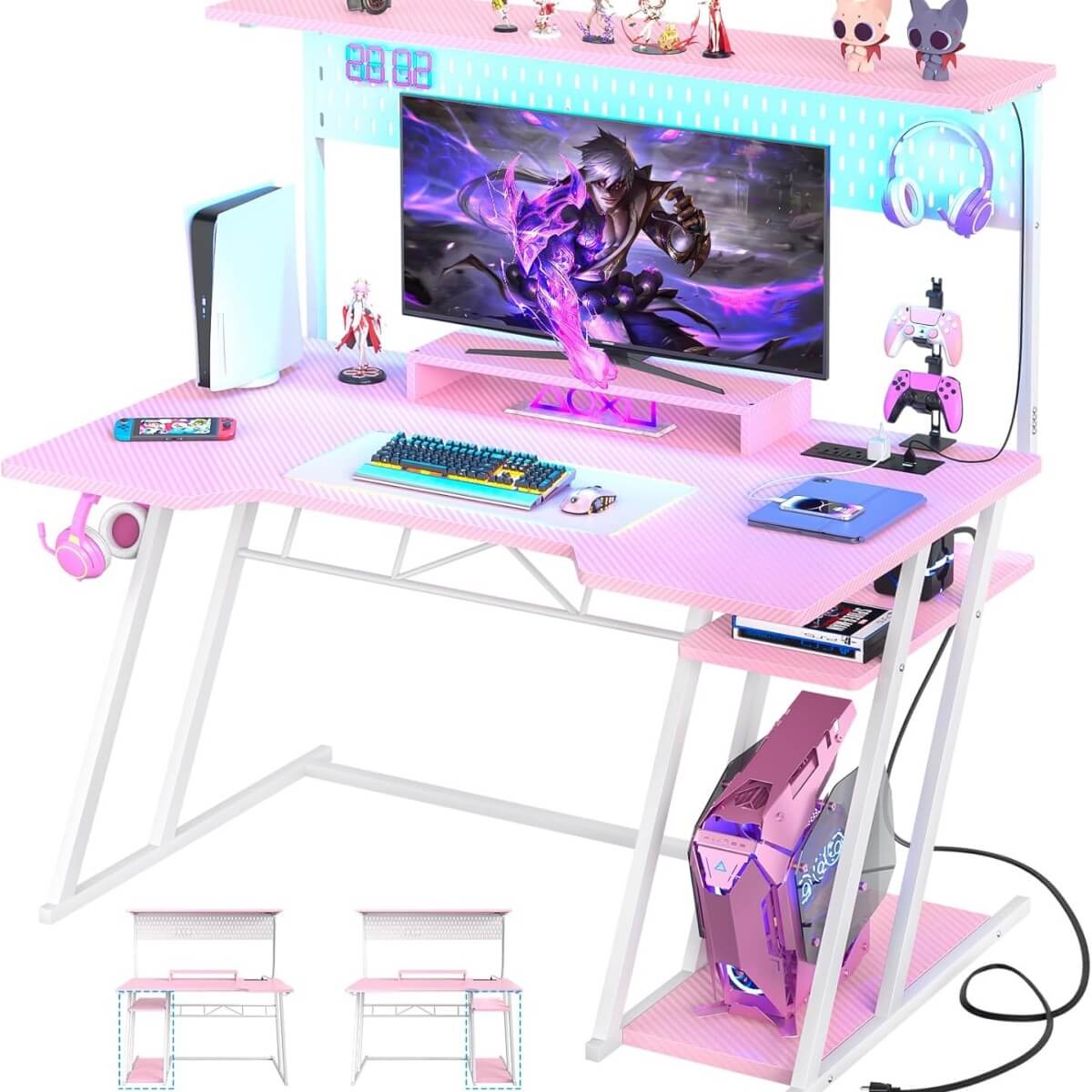 Gaming Computer Desk with Hutch, Power Outlets and LED Lights, 47.25"W x 22.84"D x 54.33"H