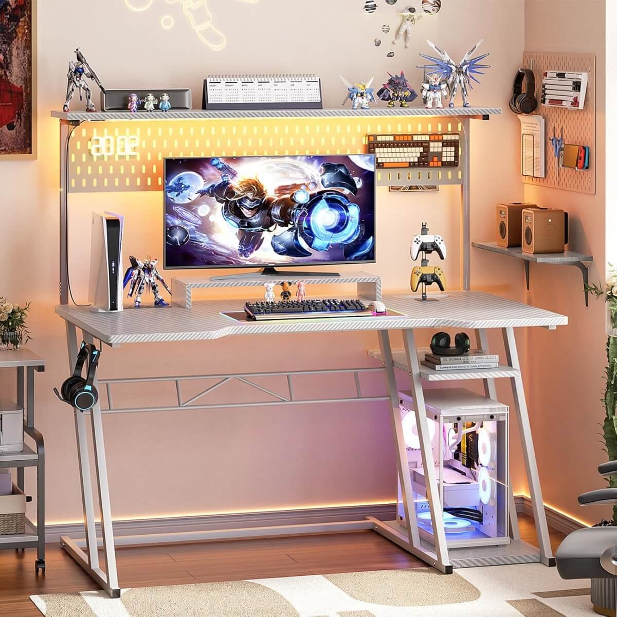 Gaming Computer Desk with Hutch, Power Outlets and LED Lights, 47.25"W x 22.84"D x 54.33"H