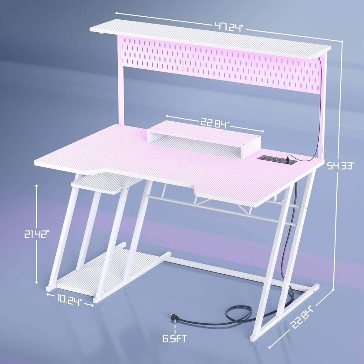 Gaming Computer Desk with Hutch, Power Outlets and LED Lights, 47.25"W x 22.84"D x 54.33"H