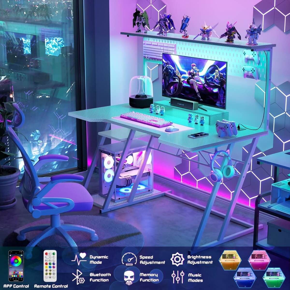 Gaming Computer Desk with Hutch, Power Outlets and LED Lights, 47.25"W x 22.84"D x 54.33"H