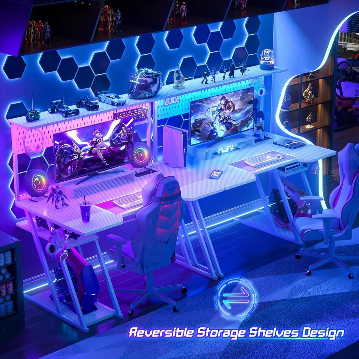 Gaming Computer Desk with Hutch, Power Outlets and LED Lights, 47.25"W x 22.84"D x 54.33"H