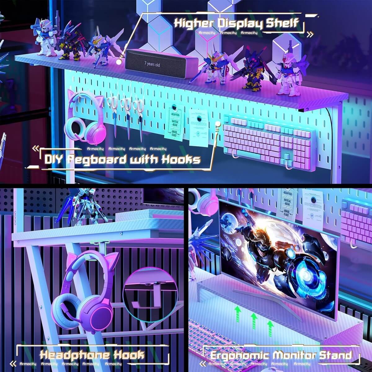 Gaming Computer Desk with Hutch, Power Outlets and LED Lights, 47.25"W x 22.84"D x 54.33"H