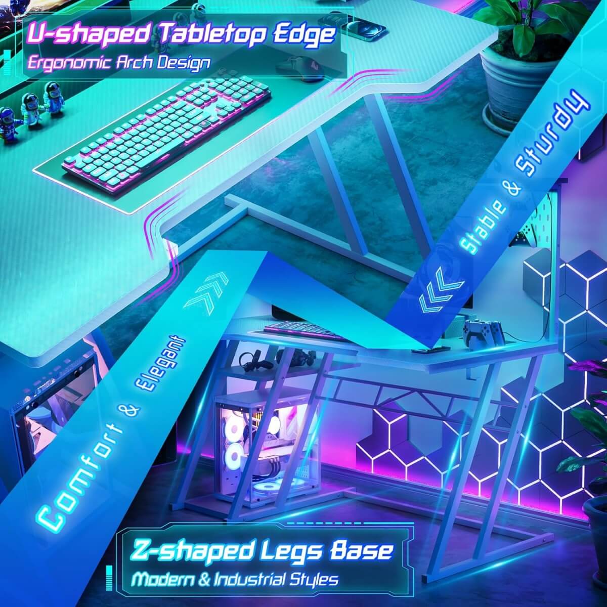 Gaming Computer Desk with Hutch, Power Outlets and LED Lights, 47.25"W x 22.84"D x 54.33"H