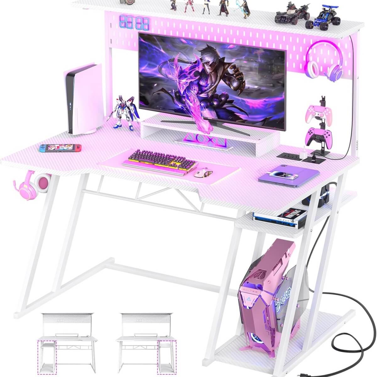Gaming Computer Desk with Hutch, Power Outlets and LED Lights, 47.25"W x 22.84"D x 54.33"H