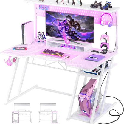 Gaming Computer Desk with Hutch, Power Outlets and LED Lights, 47.25"W x 22.84"D x 54.33"H