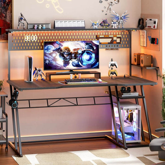 Gaming Computer Desk with Hutch, Power Outlets and LED Lights, 55"W x 21.65"D x 54.45"H