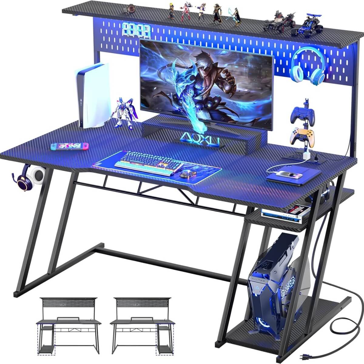 Gaming Computer Desk with Hutch, Power Outlets and LED Lights, 55"W x 21.65"D x 54.45"H