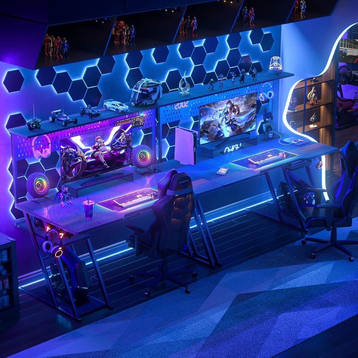 Gaming Computer Desk with Hutch, Power Outlets and LED Lights, 55"W x 21.65"D x 54.45"H