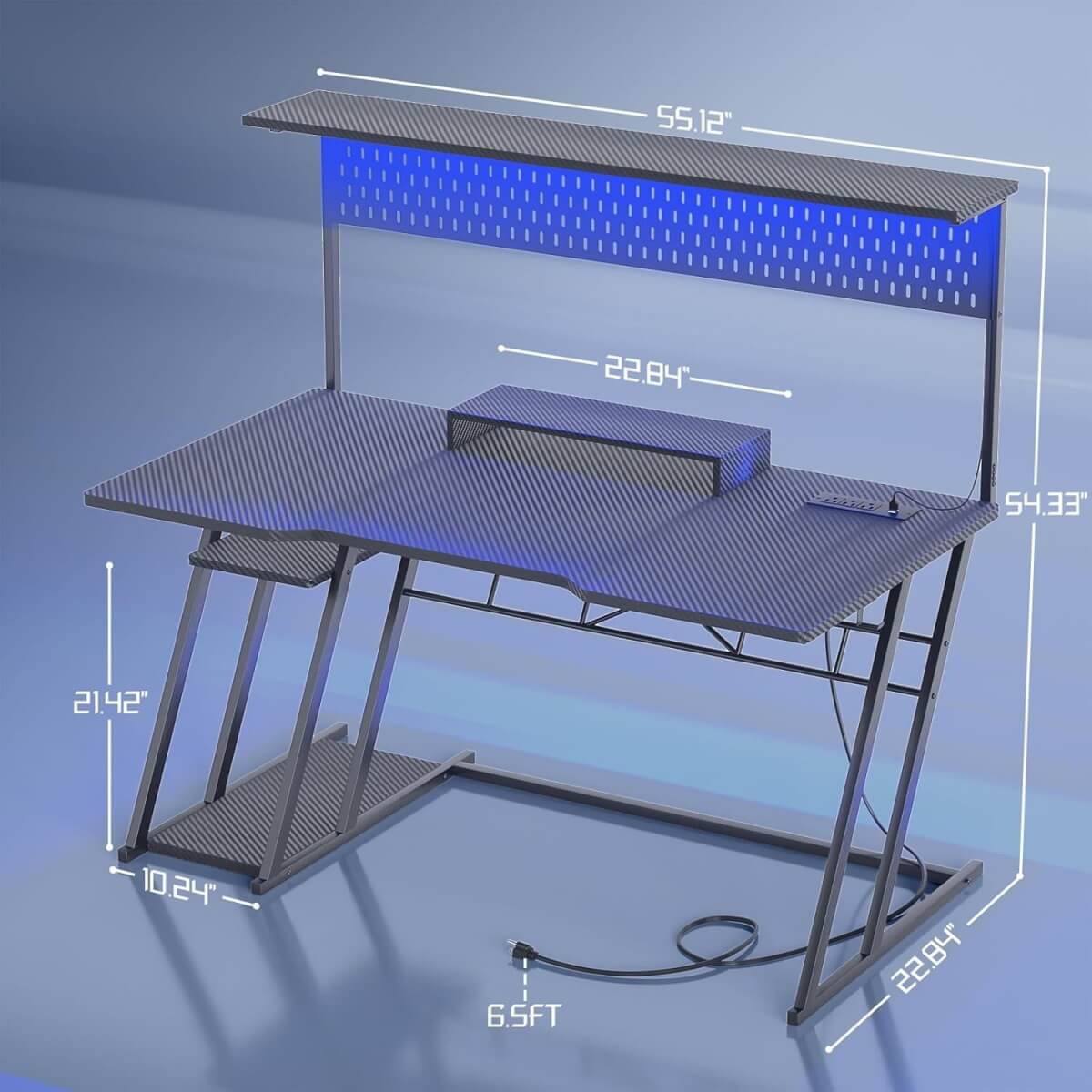 Gaming Computer Desk with Hutch, Power Outlets and LED Lights, 55"W x 21.65"D x 54.45"H