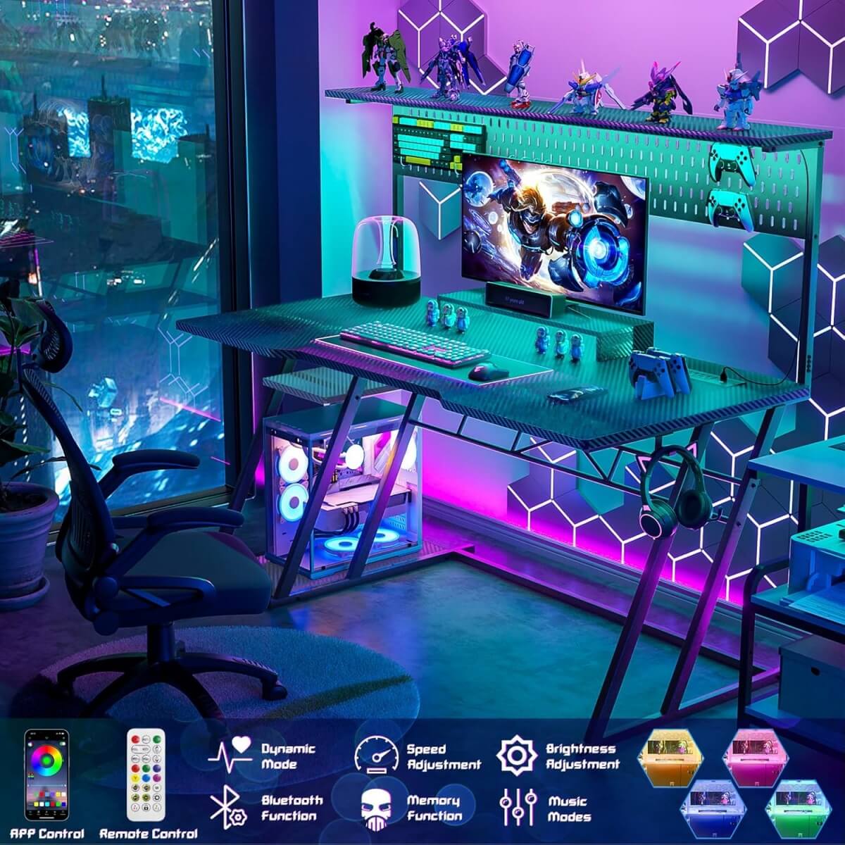 Gaming Computer Desk with Hutch, Power Outlets and LED Lights, 55"W x 21.65"D x 54.45"H