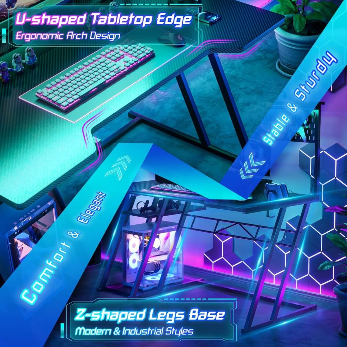 Gaming Computer Desk with Hutch, Power Outlets and LED Lights, 55"W x 21.65"D x 54.45"H