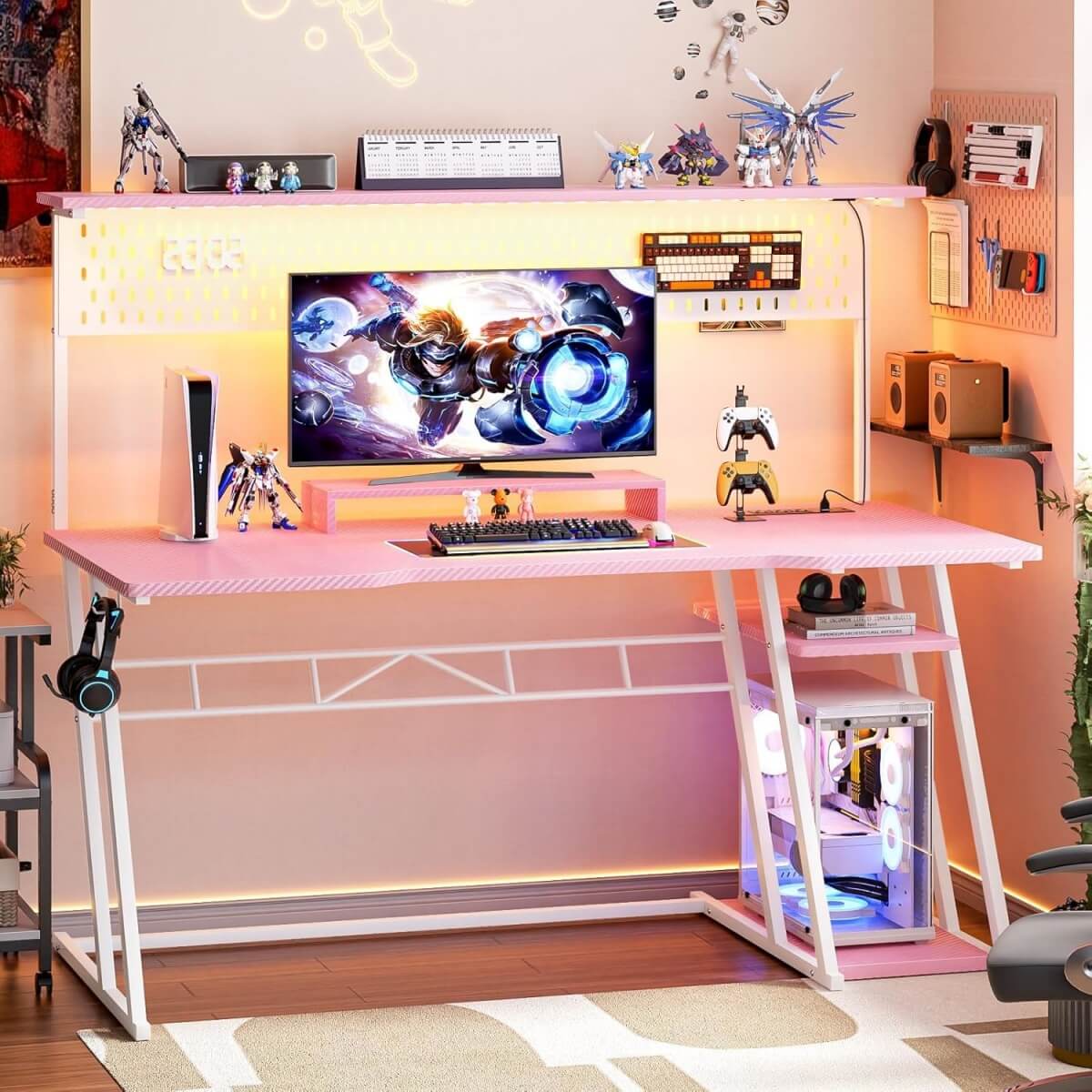 Gaming Computer Desk with Hutch, Power Outlets and LED Lights, 55"W x 21.65"D x 54.45"H