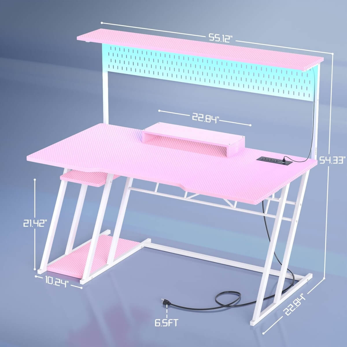 Gaming Computer Desk with Hutch, Power Outlets and LED Lights, 55"W x 21.65"D x 54.45"H