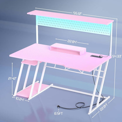 Gaming Computer Desk with Hutch, Power Outlets and LED Lights, 55"W x 21.65"D x 54.45"H