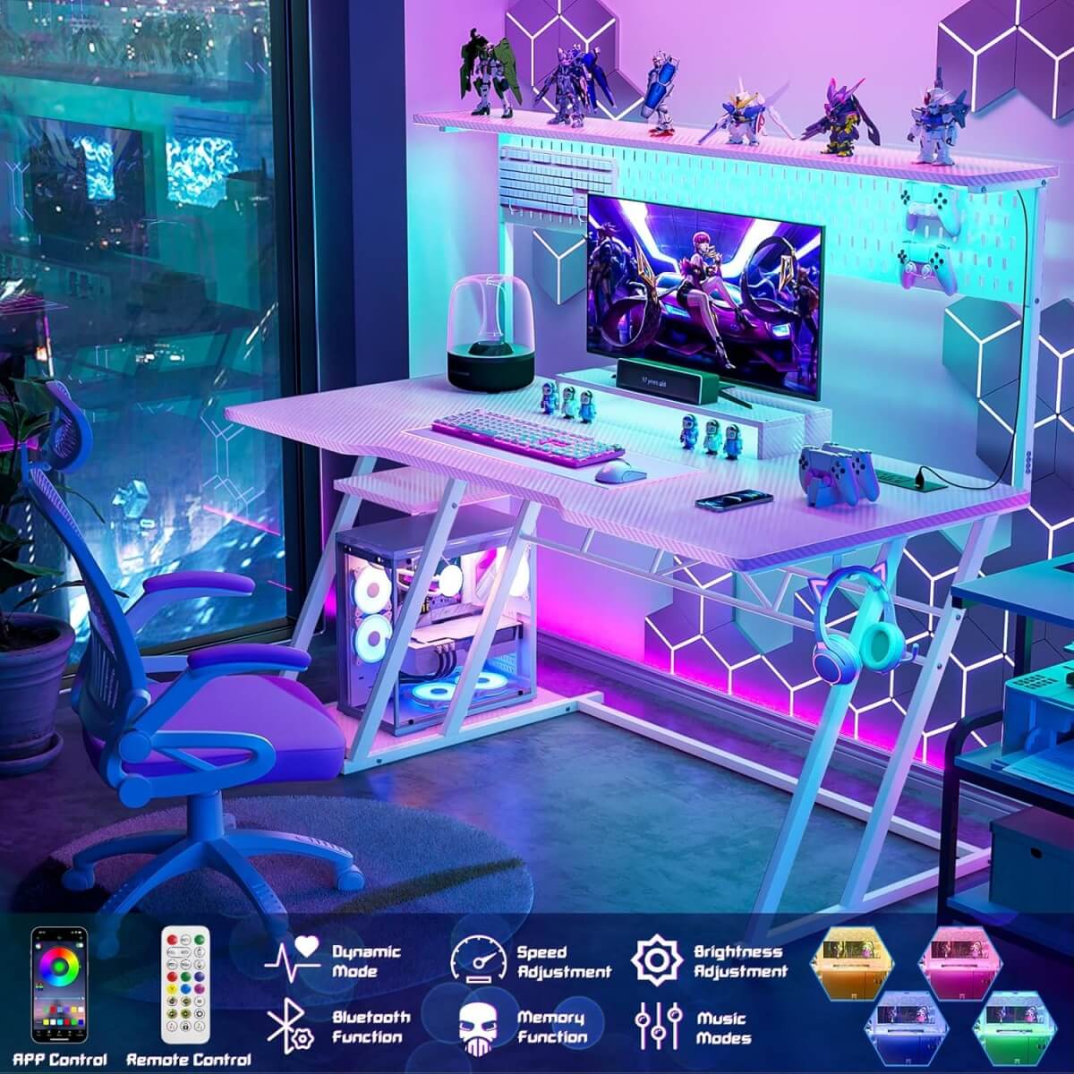 Gaming Computer Desk with Hutch, Power Outlets and LED Lights, 55"W x 21.65"D x 54.45"H