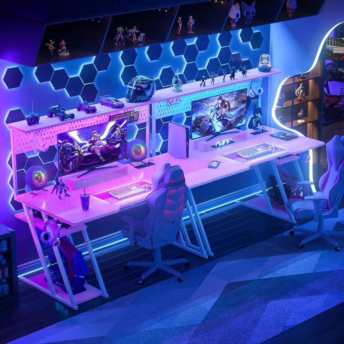 Gaming Computer Desk with Hutch, Power Outlets and LED Lights, 55"W x 21.65"D x 54.45"H