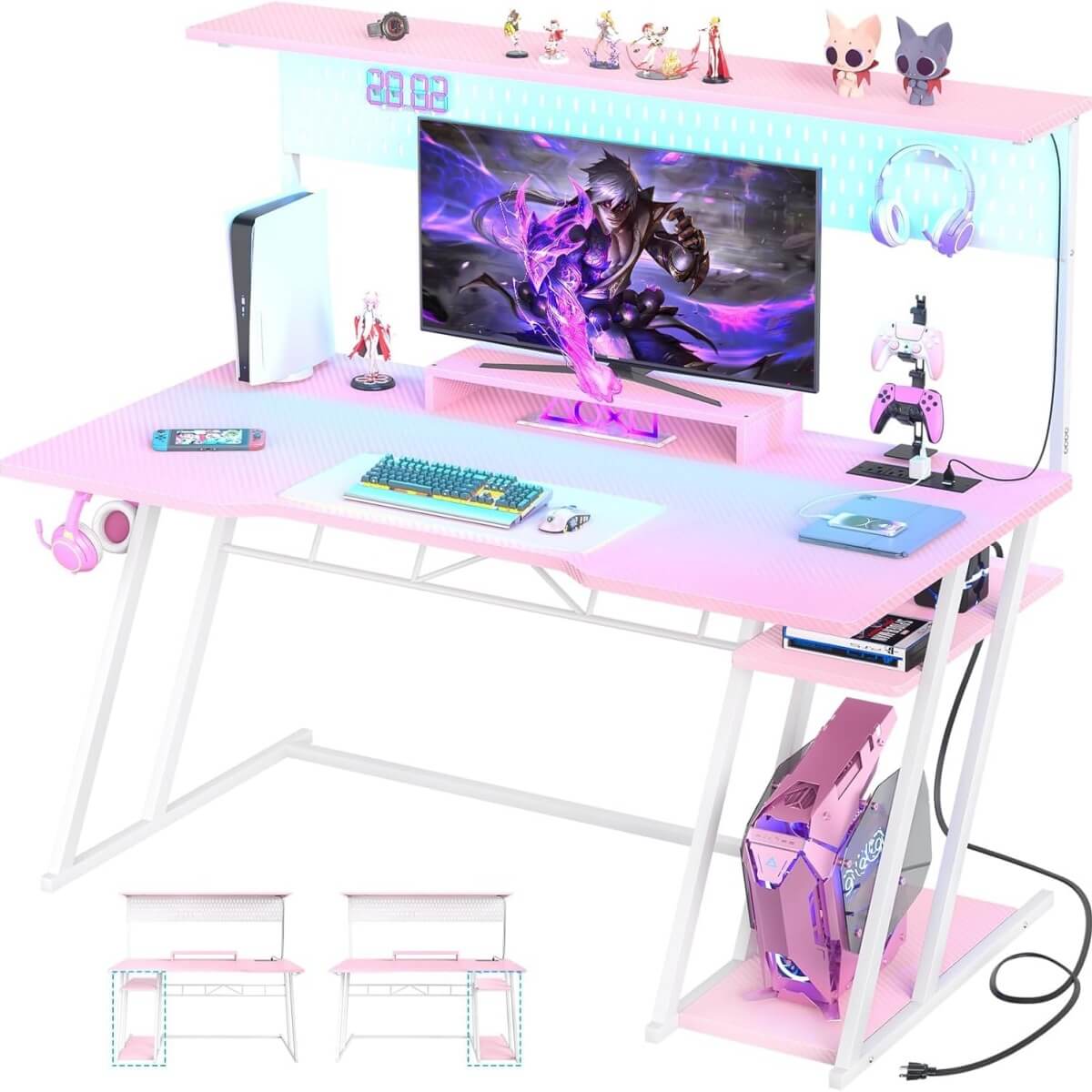 Gaming Computer Desk with Hutch, Power Outlets and LED Lights, 55"W x 21.65"D x 54.45"H