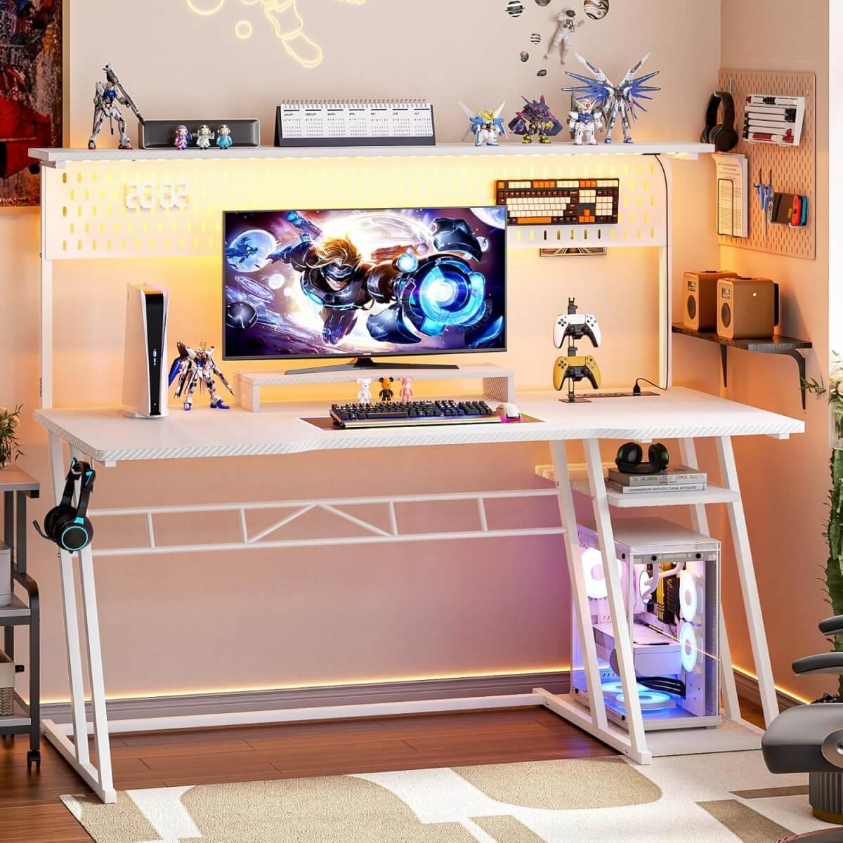Gaming Computer Desk with Hutch, Power Outlets and LED Lights, 55"W x 21.65"D x 54.45"H