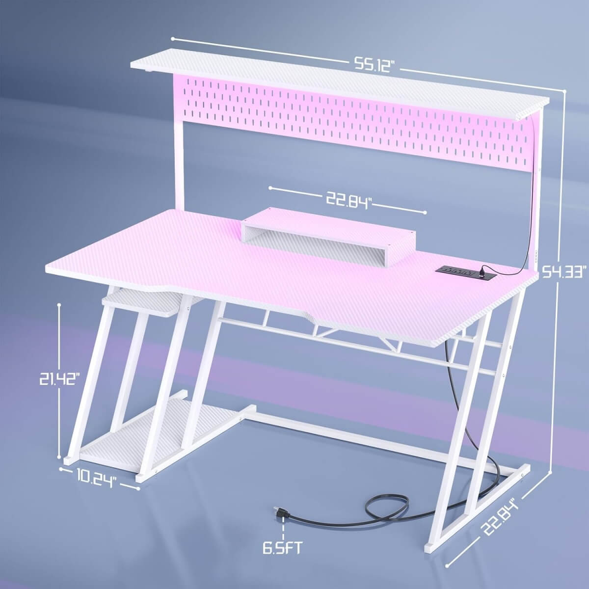Gaming Computer Desk with Hutch, Power Outlets and LED Lights, 55"W x 21.65"D x 54.45"H