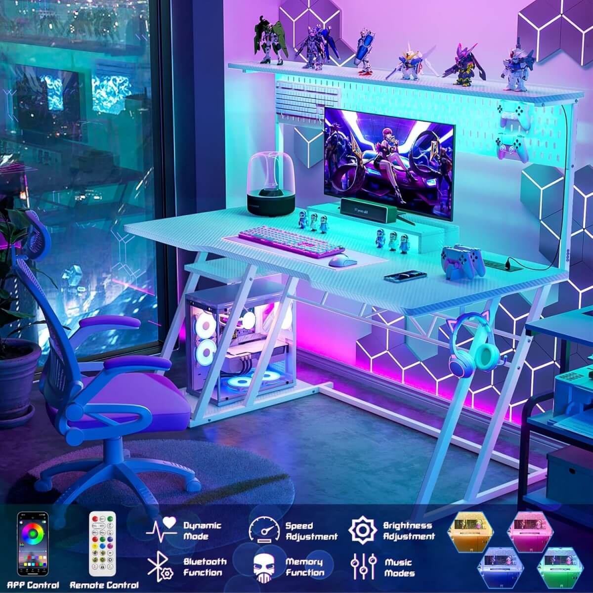 Gaming Computer Desk with Hutch, Power Outlets and LED Lights, 55"W x 21.65"D x 54.45"H