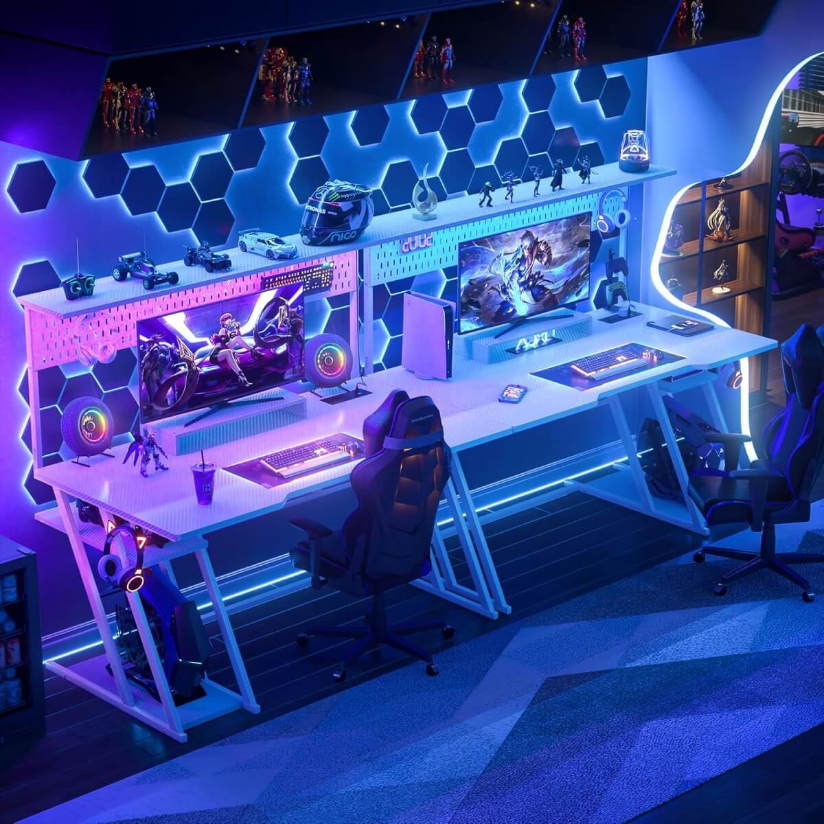 Gaming Computer Desk with Hutch, Power Outlets and LED Lights, 55"W x 21.65"D x 54.45"H