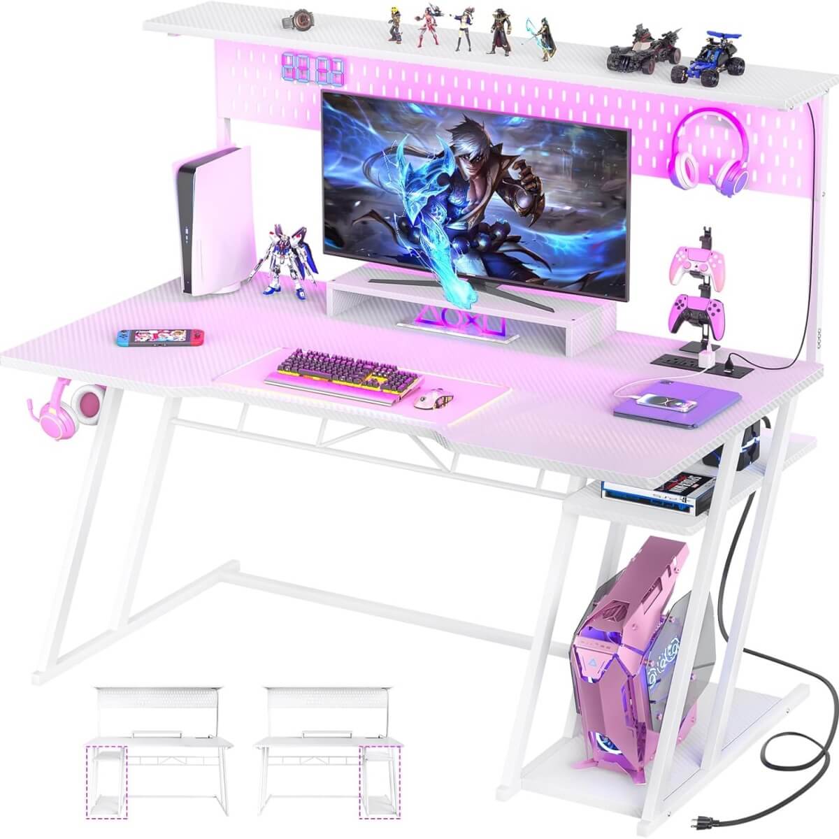 Gaming Computer Desk with Hutch, Power Outlets and LED Lights, 55"W x 21.65"D x 54.45"H
