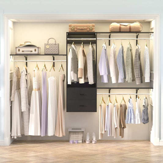 20-90 Inch Wall Mounted Closet System with 2 Wooden Drawers for Clothes Hanging