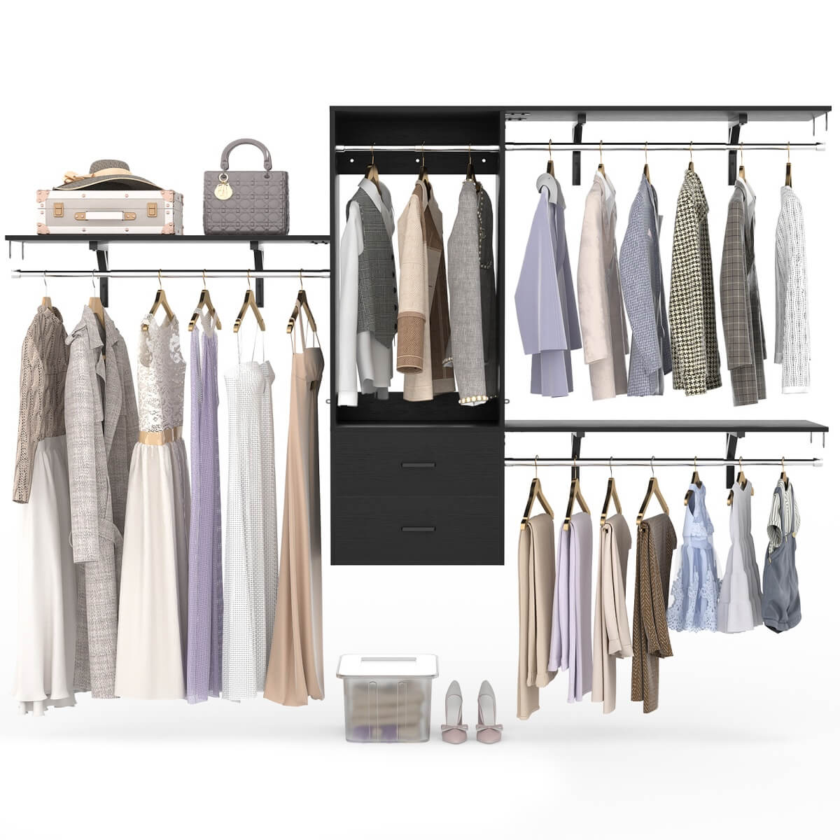 20-90 Inch Wall Mounted Closet System with 2 Wooden Drawers for Clothes Hanging