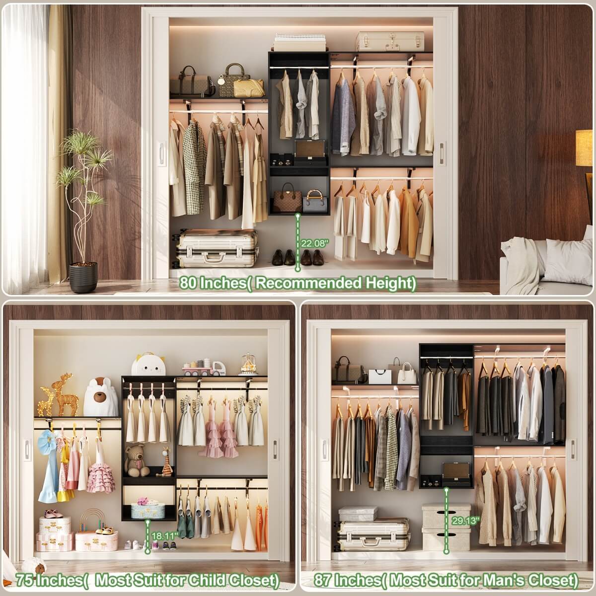 20-90 Inch Wall Mounted Closet System with 2 Wooden Drawers for Clothes Hanging