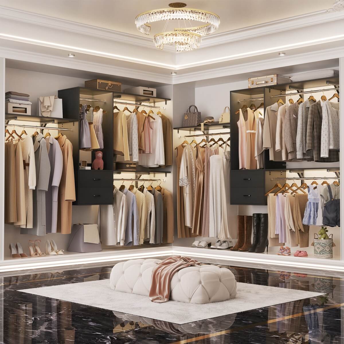20-90 Inch Wall Mounted Closet System with 2 Wooden Drawers for Clothes Hanging