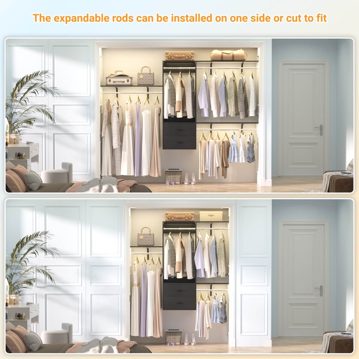 20-90 Inch Wall Mounted Closet System with 2 Wooden Drawers for Clothes Hanging