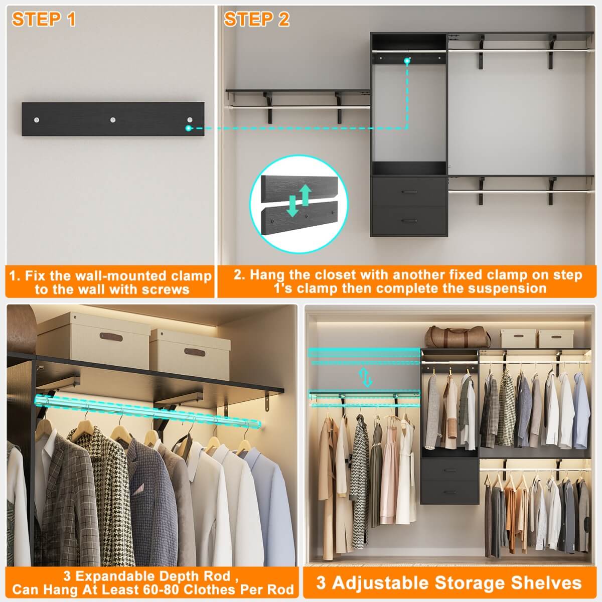 20-90 Inch Wall Mounted Closet System with 2 Wooden Drawers for Clothes Hanging