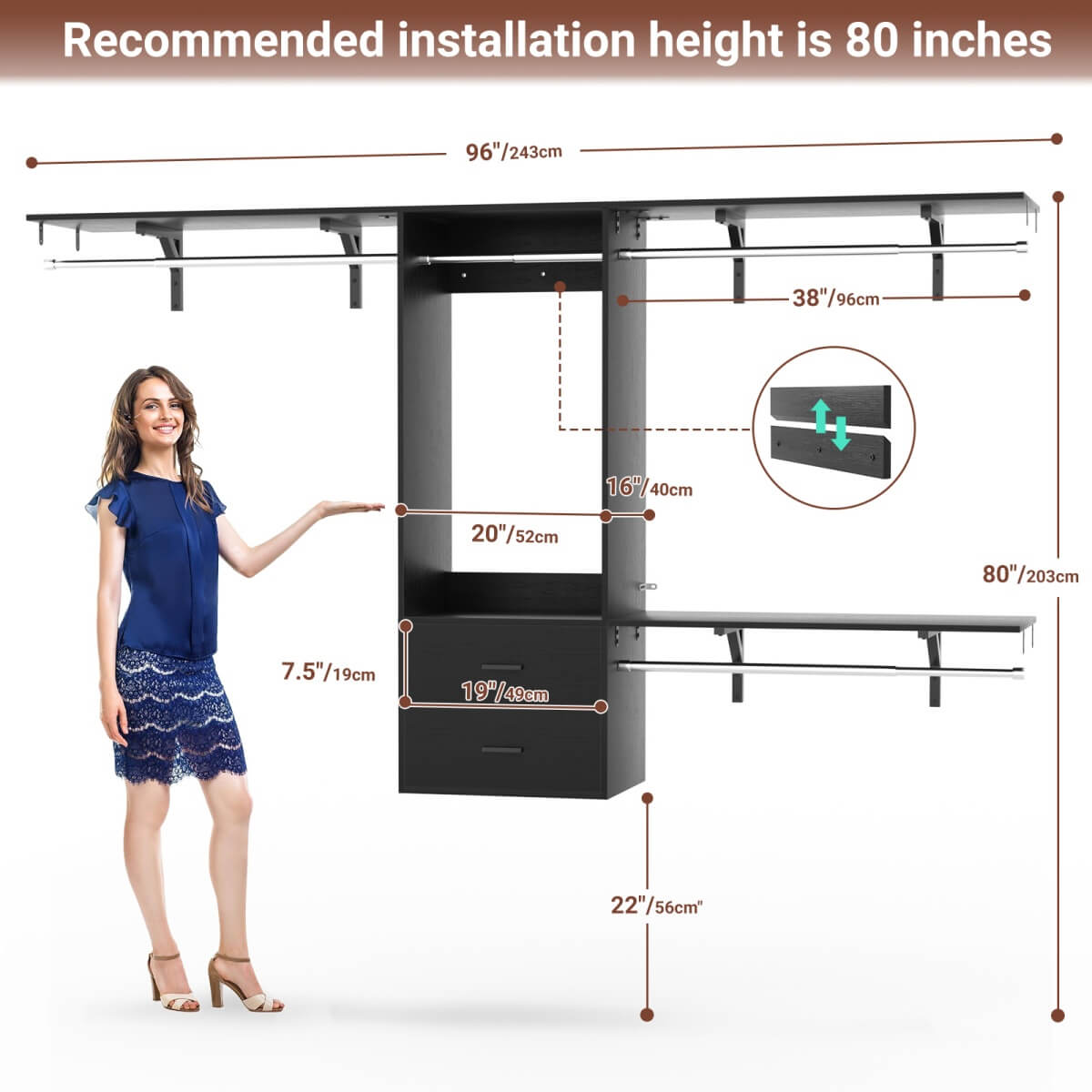 20-90 Inch Wall Mounted Closet System with 2 Wooden Drawers for Clothes Hanging