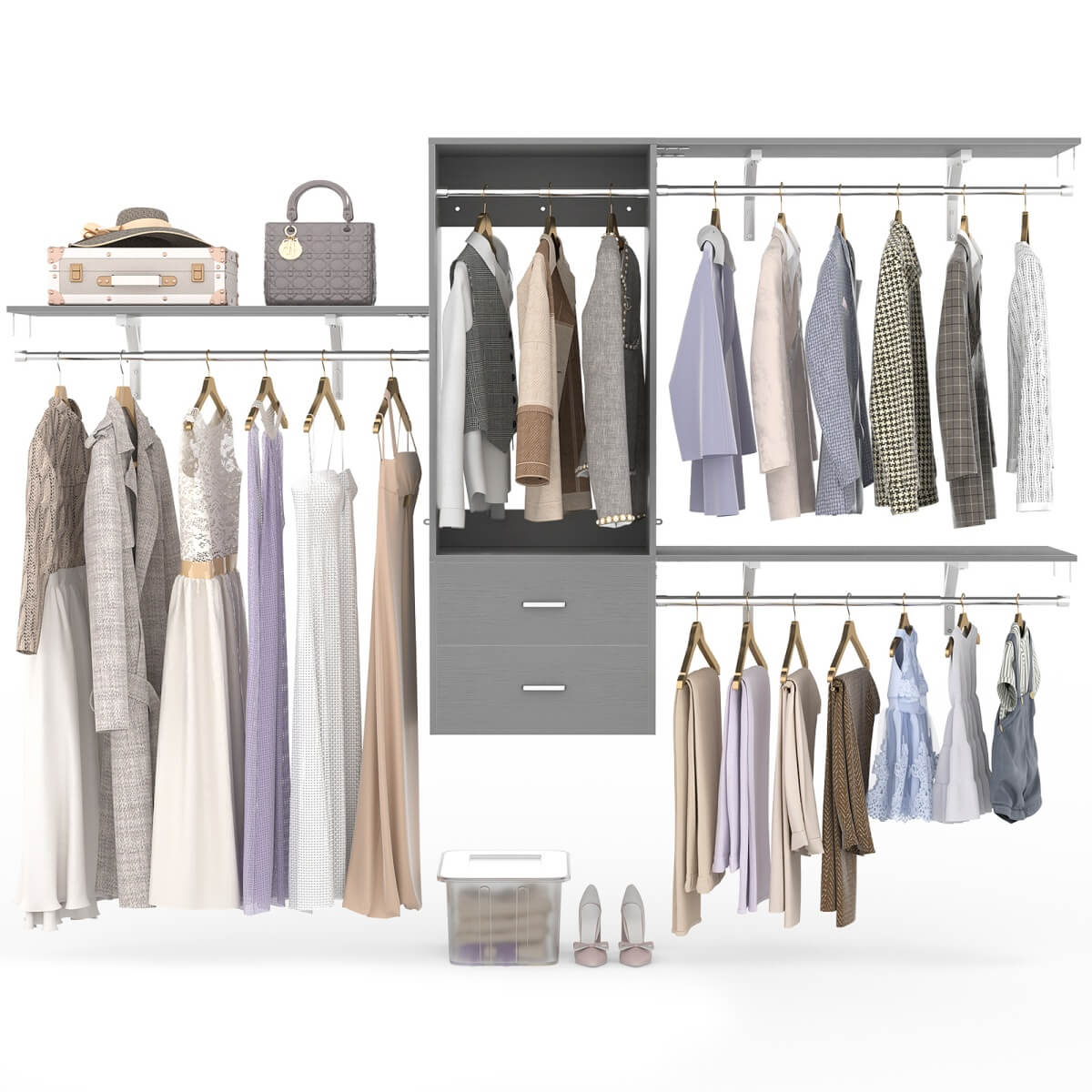 20-90 Inch Wall Mounted Closet System with 2 Wooden Drawers for Clothes Hanging