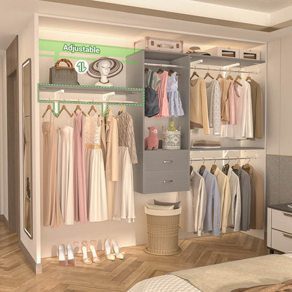 20-90 Inch Wall Mounted Closet System with 2 Wooden Drawers for Clothes Hanging