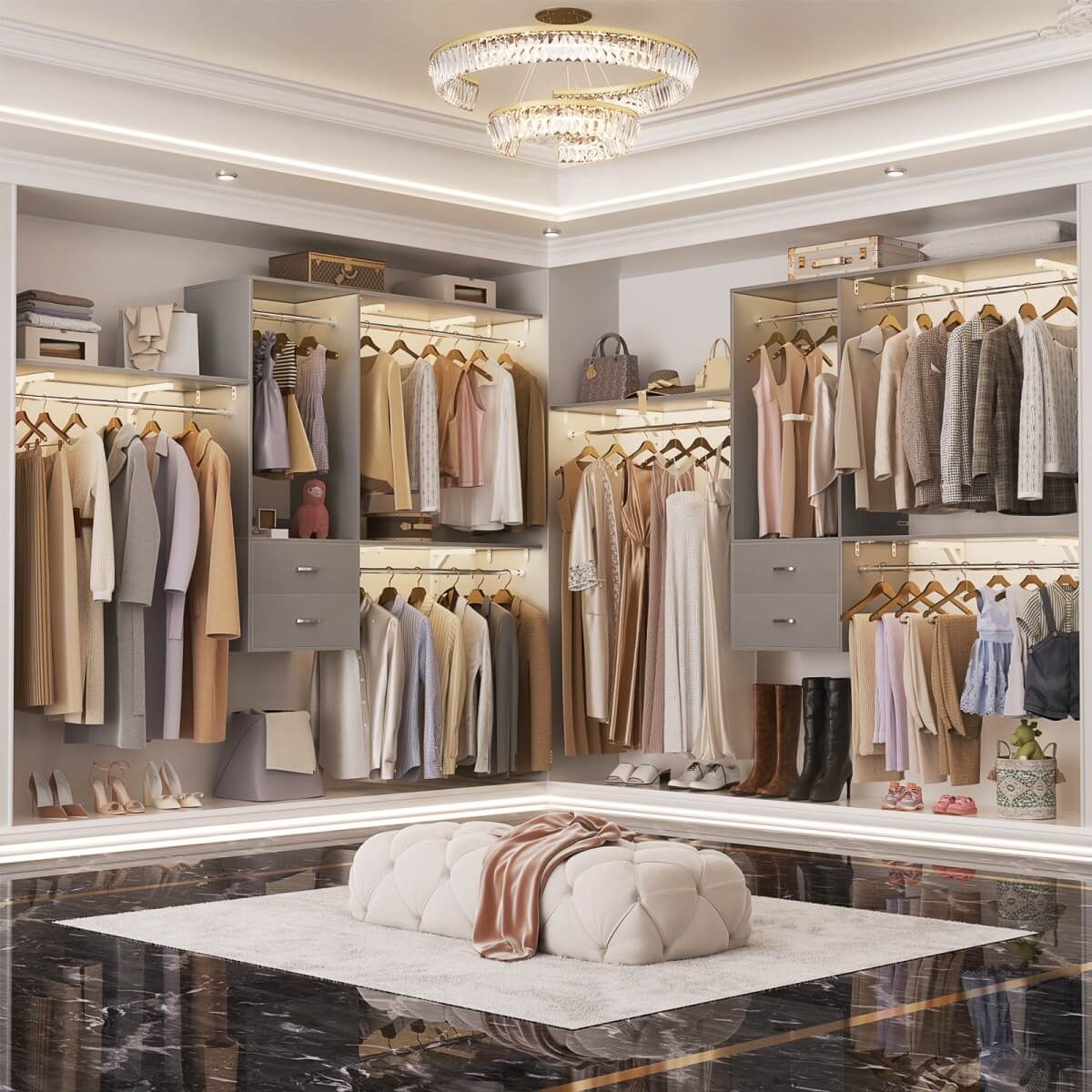 20-90 Inch Wall Mounted Closet System with 2 Wooden Drawers for Clothes Hanging