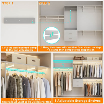 20-90 Inch Wall Mounted Closet System with 2 Wooden Drawers for Clothes Hanging