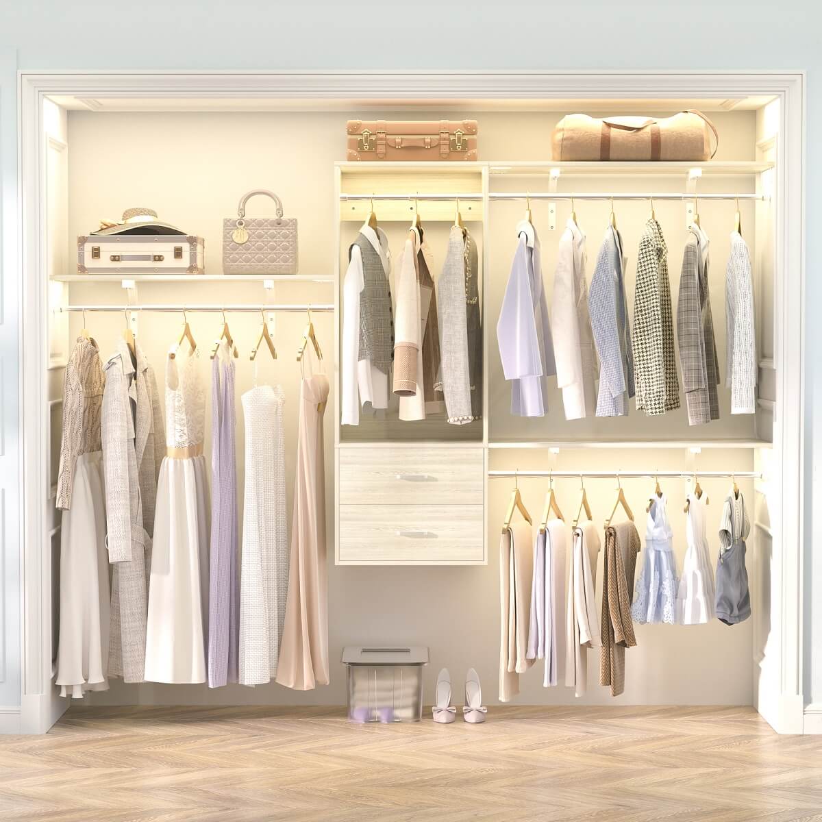 20-90 Inch Wall Mounted Closet System with 2 Wooden Drawers for Clothes Hanging