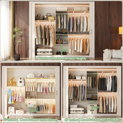 20-90 Inch Wall Mounted Closet System with 2 Wooden Drawers for Clothes Hanging
