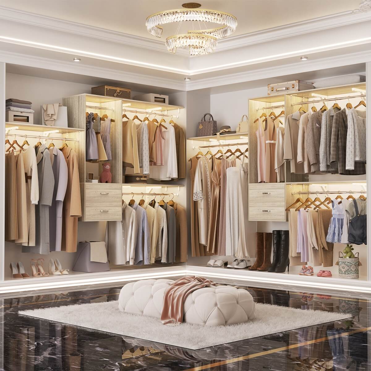 20-90 Inch Wall Mounted Closet System with 2 Wooden Drawers for Clothes Hanging